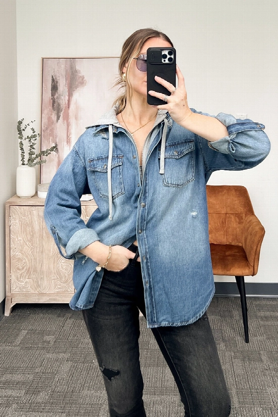 Casual Style Hooded Denim Shirt