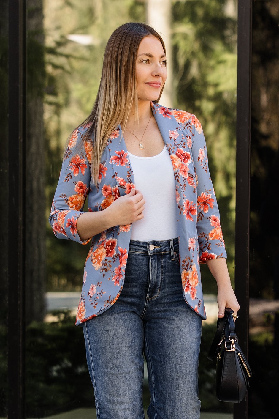 Own It Pocket Floral Blazer Silver Icing